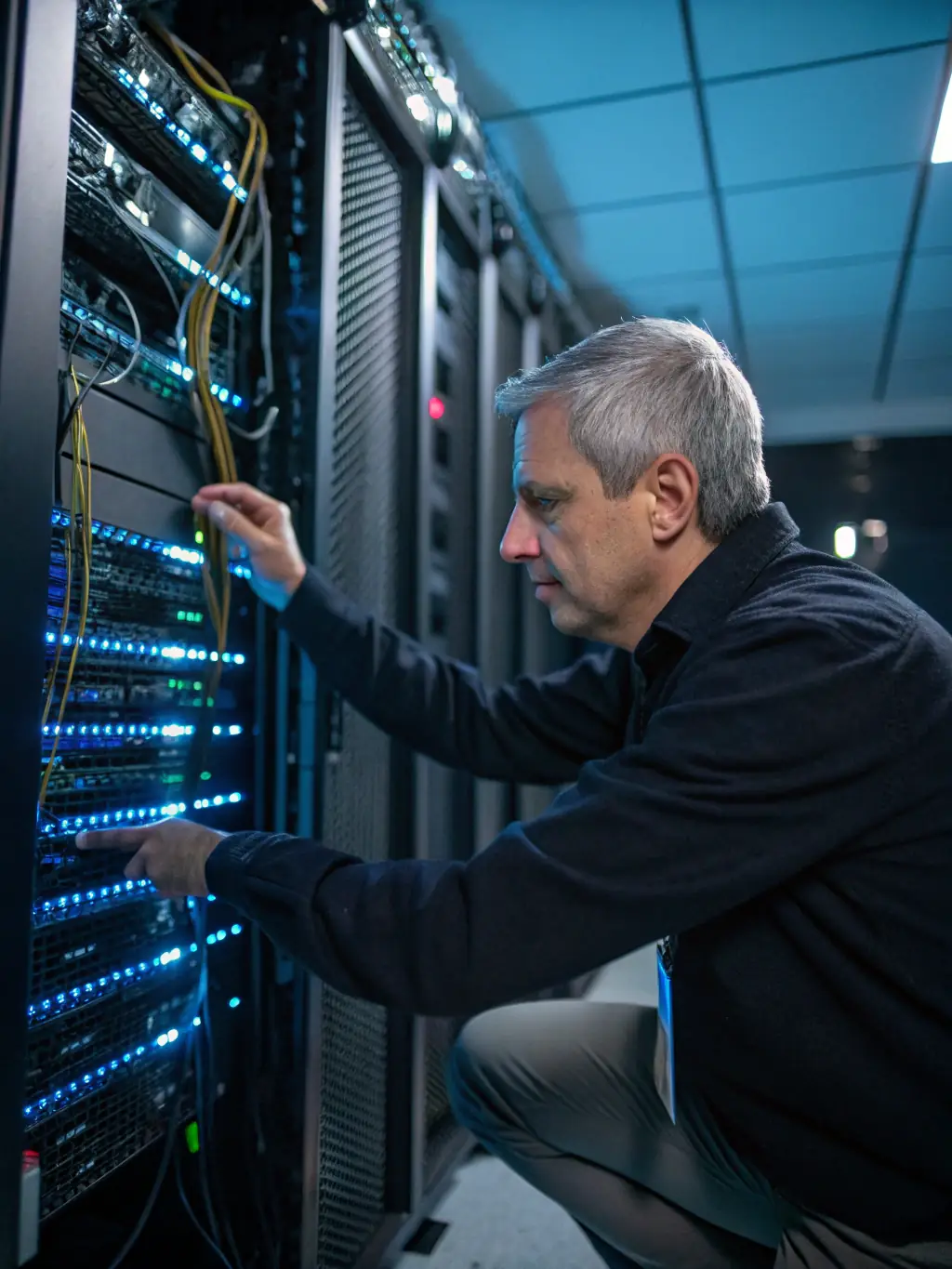 A professional photo of a network engineer working on a server rack in a Las Vegas data center, showcasing the infrastructure support services offered by Vegas IT Pros.